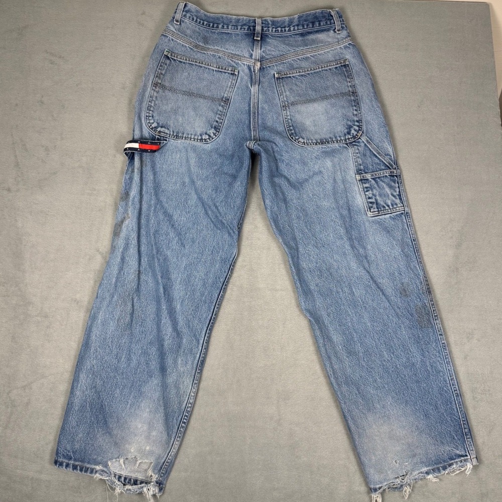 90s Tommy Hilfiger Carpenter Jeans Mens 33x32 Light Distressed 90s Baggy Skater - Picture 2 of 14